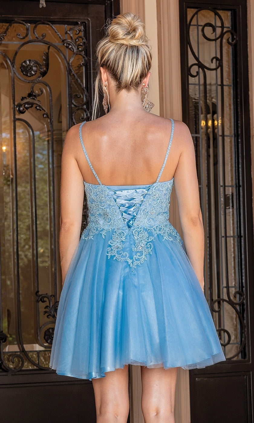 A woman with blonde hair in a bun stands with her back to the camera in front of ornate doors, wearing the Lace-Up Short Babydoll Homecoming Dress 3303—a light blue, short A-line dress with a corset bodice and flared skirt.